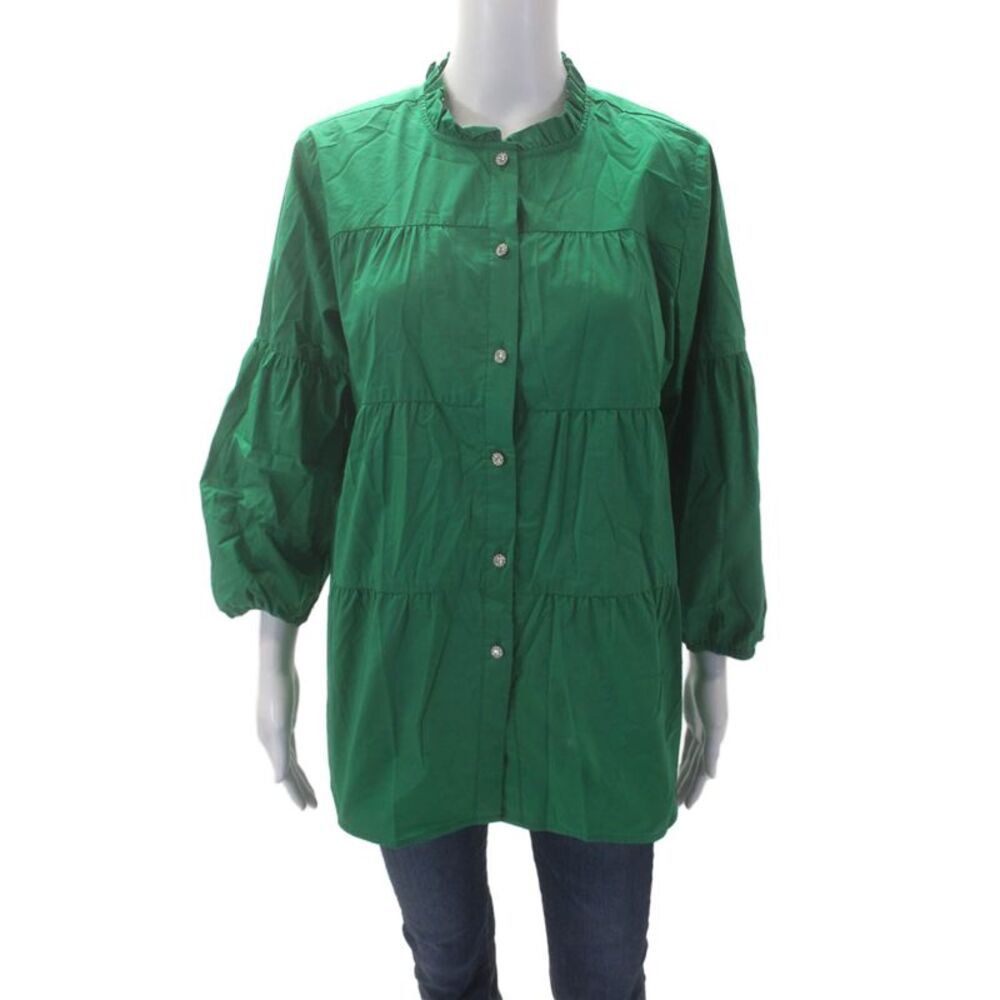 Culture Womens Cotton Long Sleeve Embellished Button Down Top Green Size L